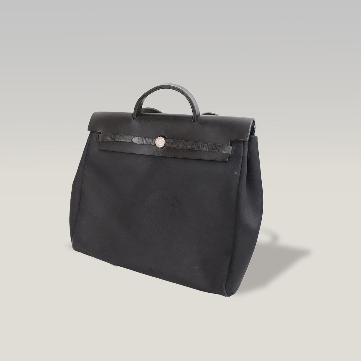 Hermès Herbag 39 Noir in Tela e Pelle con Hardware Palladium