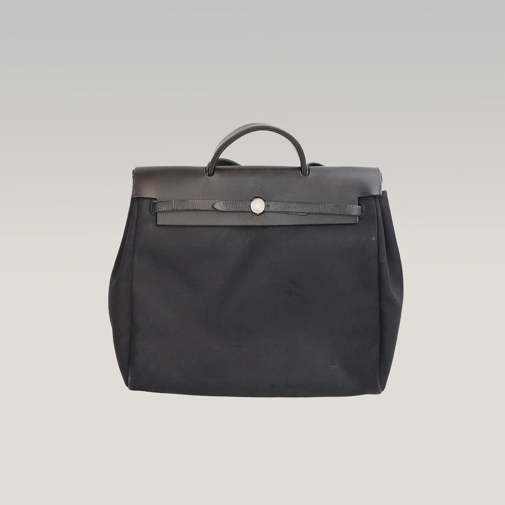 Hermès Herbag 39 Noir in Tela e Pelle con Hardware Palladium