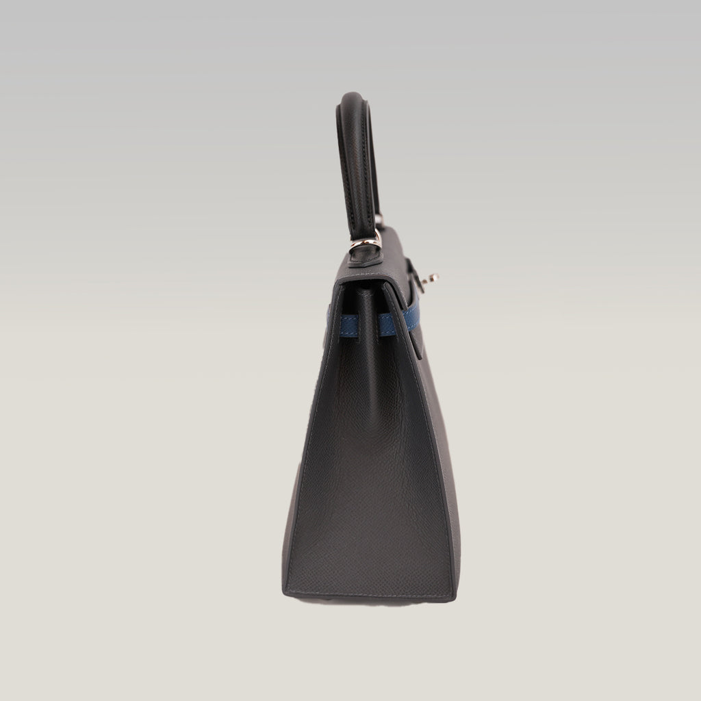 Hermès Kelly 25 Sellier in Pelle Epsom Grigio Fumo e Blu con Hardware Palladiato