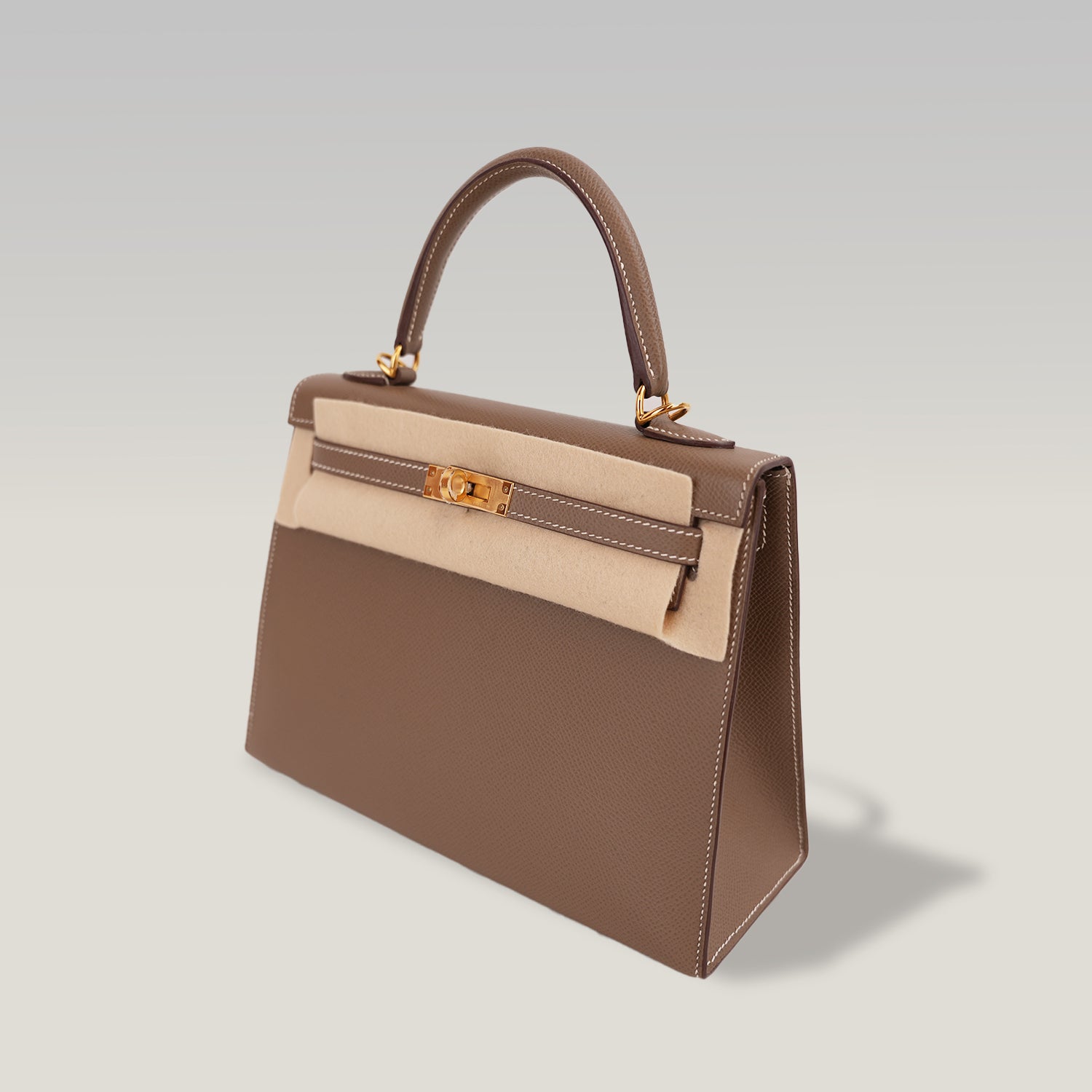 Hermès Kelly 25 Sellier in Pelle Epsom Étoupe con Hardware Dorato