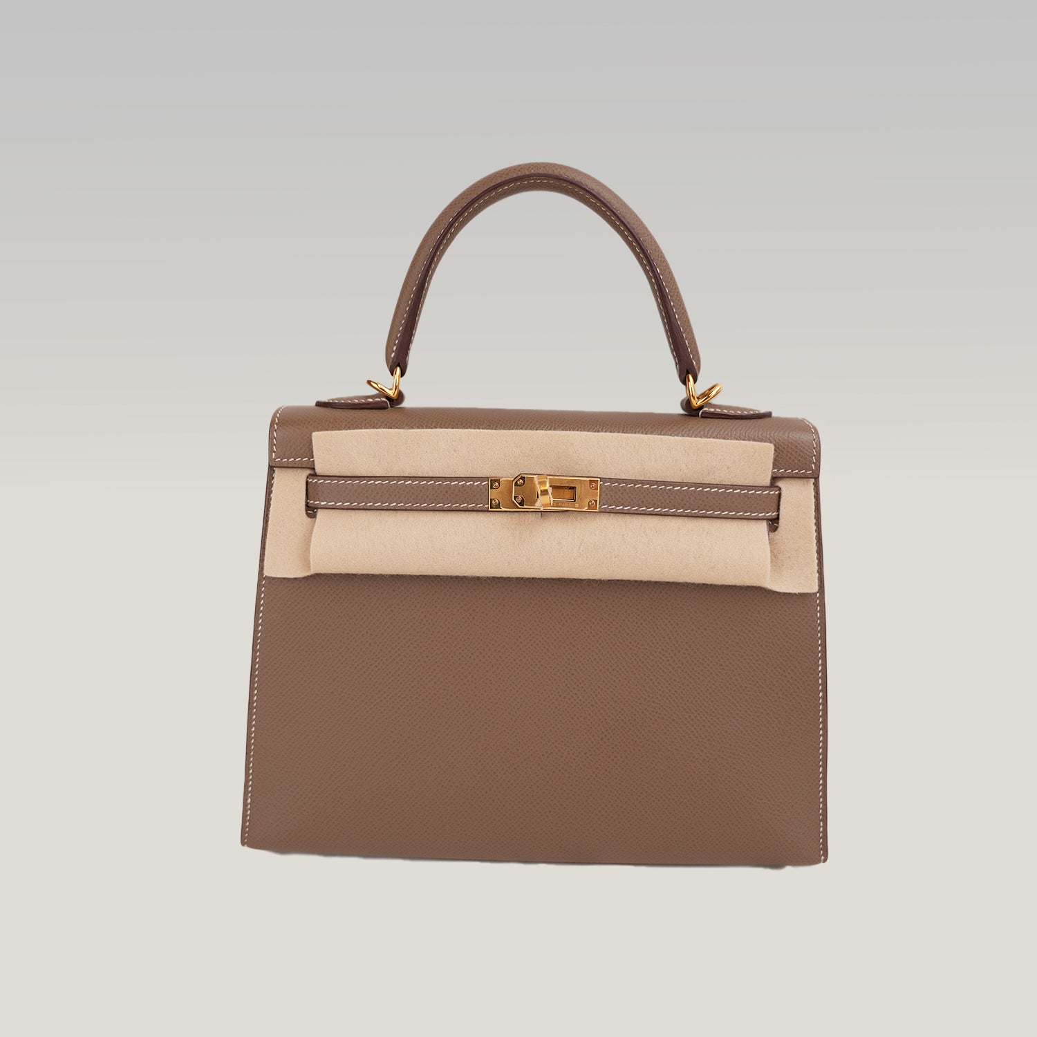 Hermès Kelly 25 Sellier in Pelle Epsom Étoupe con Hardware Dorato