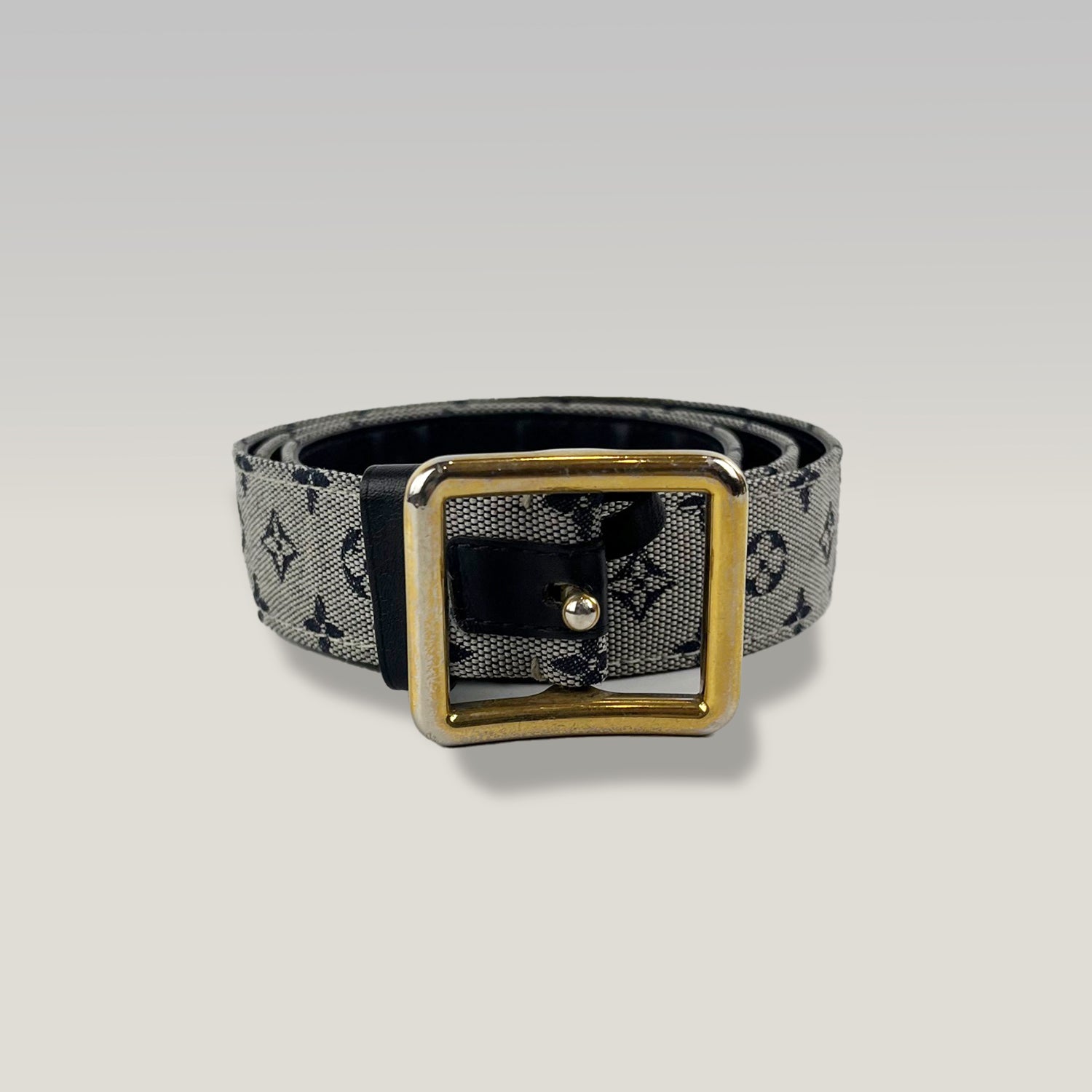 Cintura Louis Vuitton Monogram Blu e Nera in Tela con Fibbia Quadrata Dorata – Taglia 80