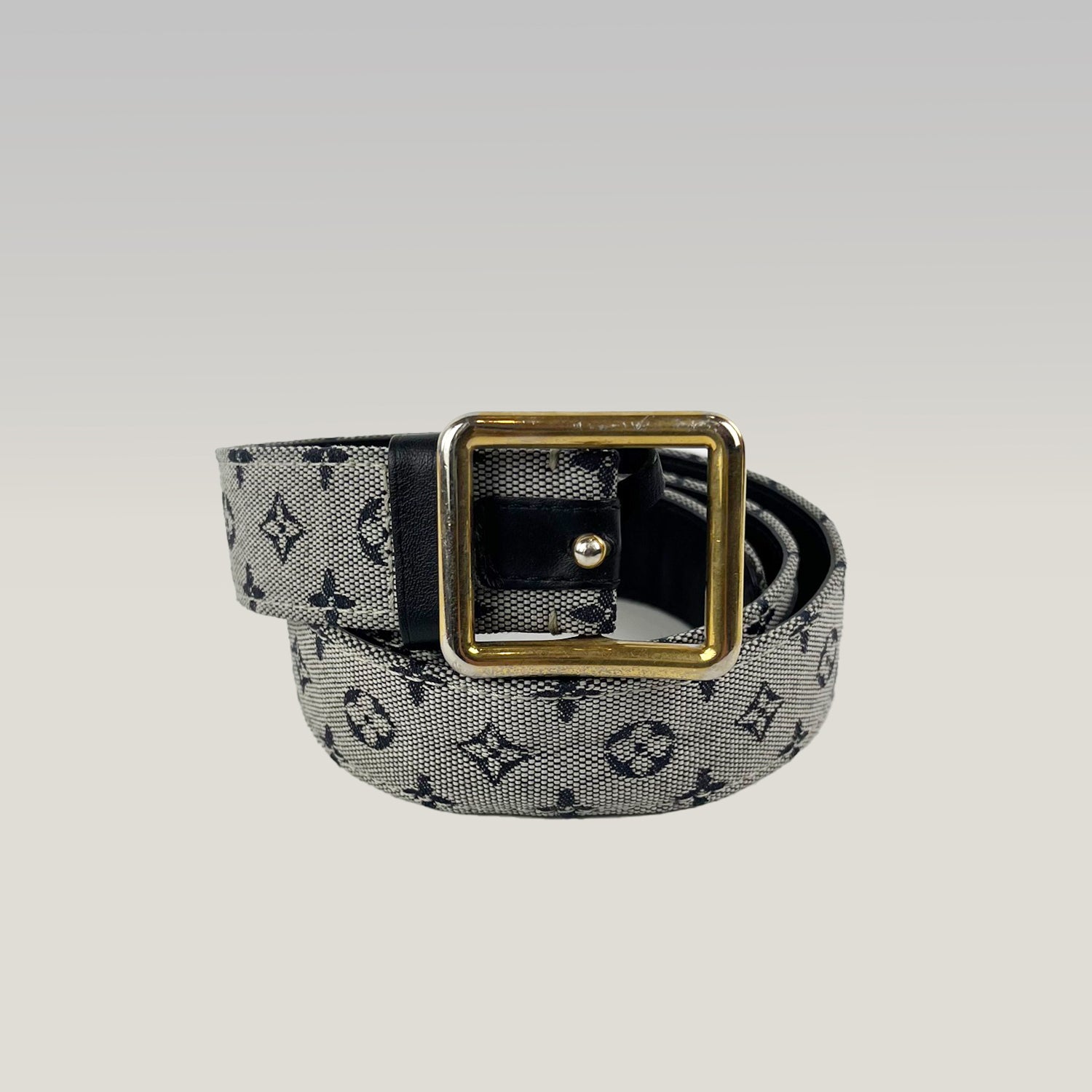 Cintura Louis Vuitton Monogram Blu e Nera in Tela con Fibbia Quadrata Dorata – Taglia 80