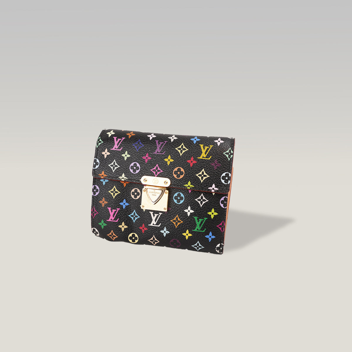 Louis Vuitton Portafoglio Koala Monogram Multicolore Nero Takashi Murakami in Tela Rivestita con Chiusura Dorata