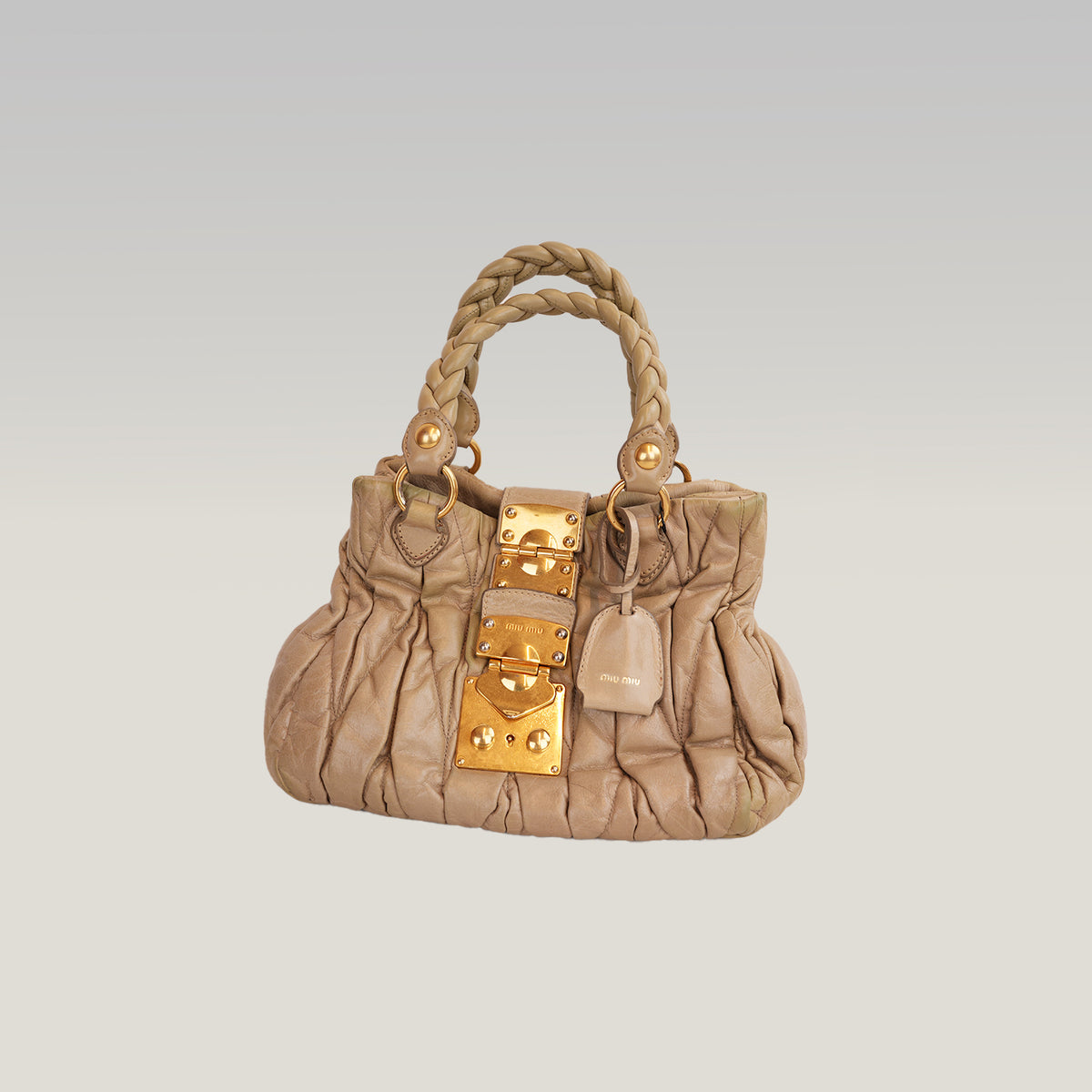 Miu Miu Coffer Matelassé Borsa a Mano in Pelle di Agnello Grigio Verde con Hardware Dorato