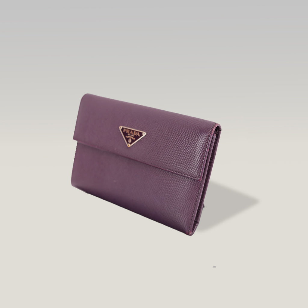 Prada Portafoglio Vintage Mini in Pelle Saffiano Viola con Logo Triangolare