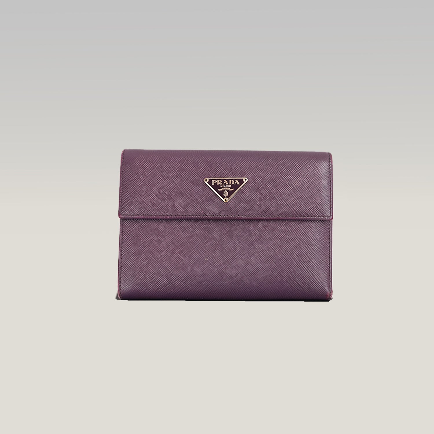 Prada Portafoglio Vintage Mini in Pelle Saffiano Viola con Logo Triangolare