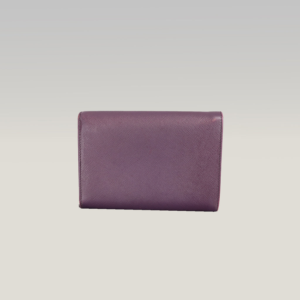 Prada Portafoglio Vintage Mini in Pelle Saffiano Viola con Logo Triangolare