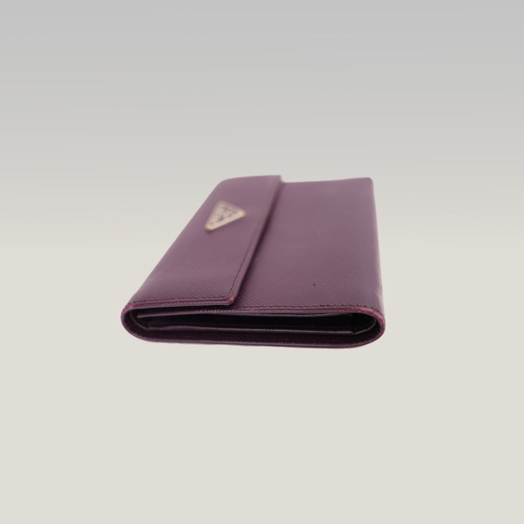 Prada Portafoglio Vintage Mini in Pelle Saffiano Viola con Logo Triangolare