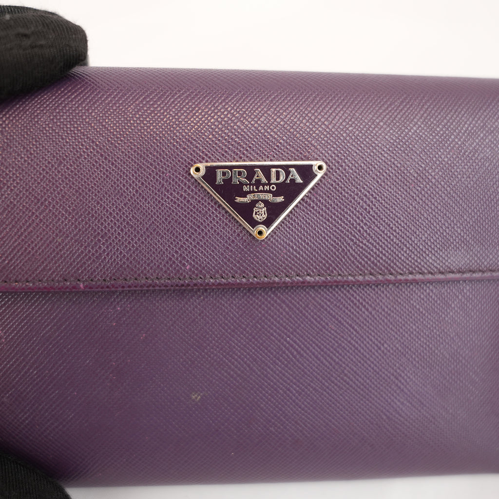 Prada Portafoglio Vintage Mini in Pelle Saffiano Viola con Logo Triangolare