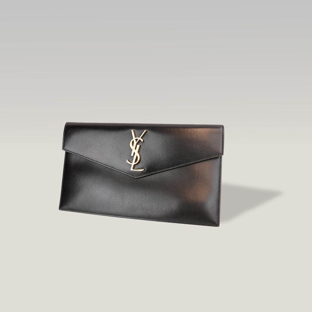 Saint Laurent Uptown Pouch Nera in Pelle con Logo YSL Dorato