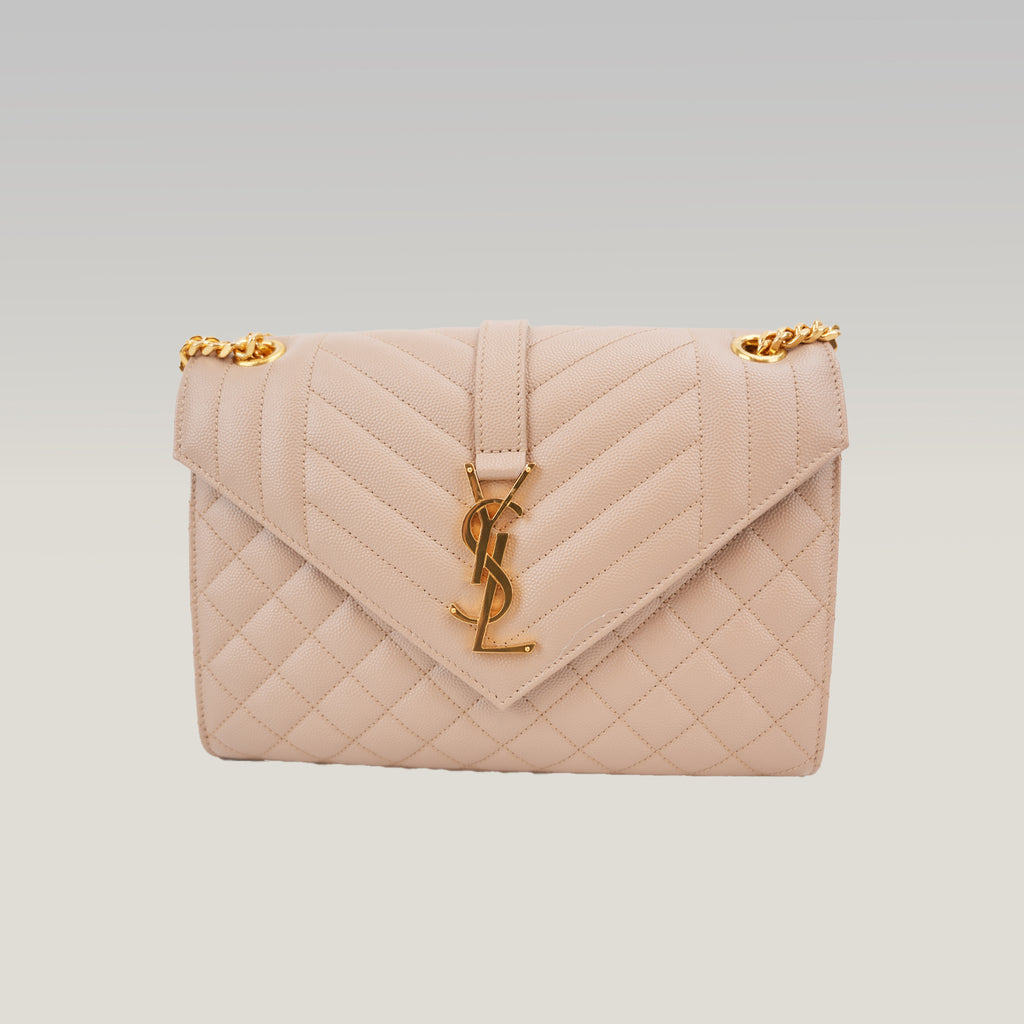 Saint Laurent Envelope Medium Chain Borsa Beige Quilted Leather with Cassandre Logo