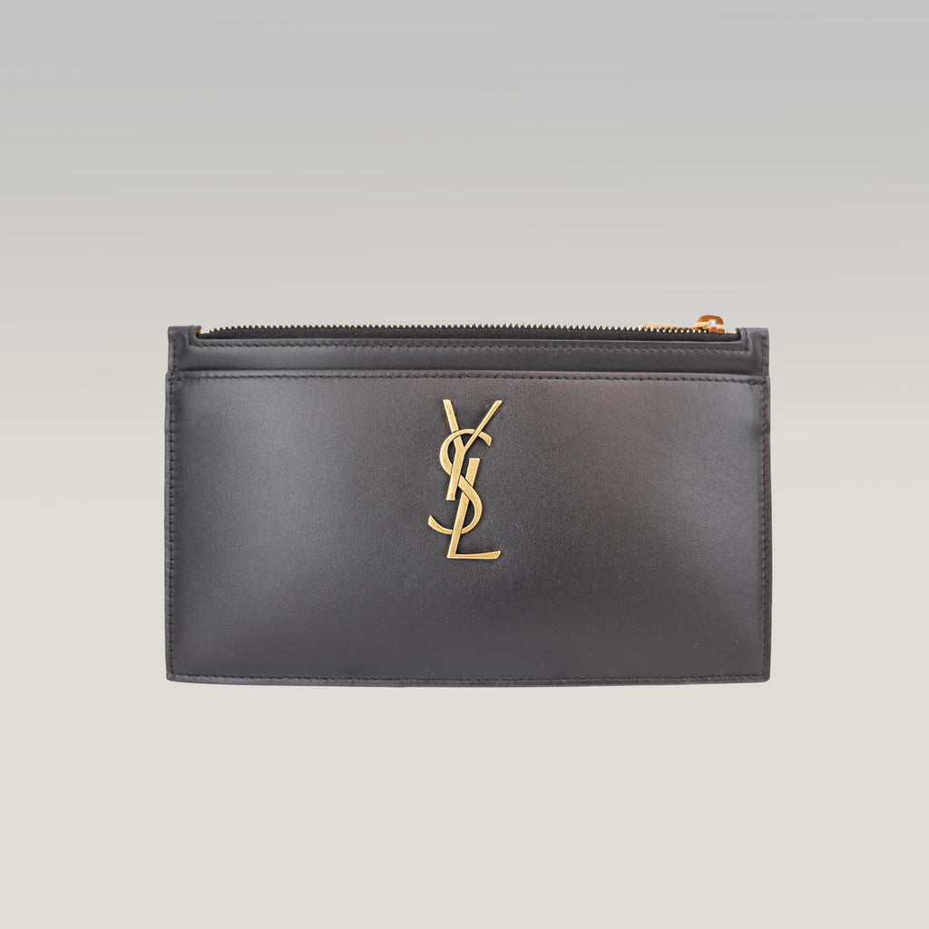 Saint Laurent Monogram Queens Pouch Nera in Pelle con Logo YSL Oro