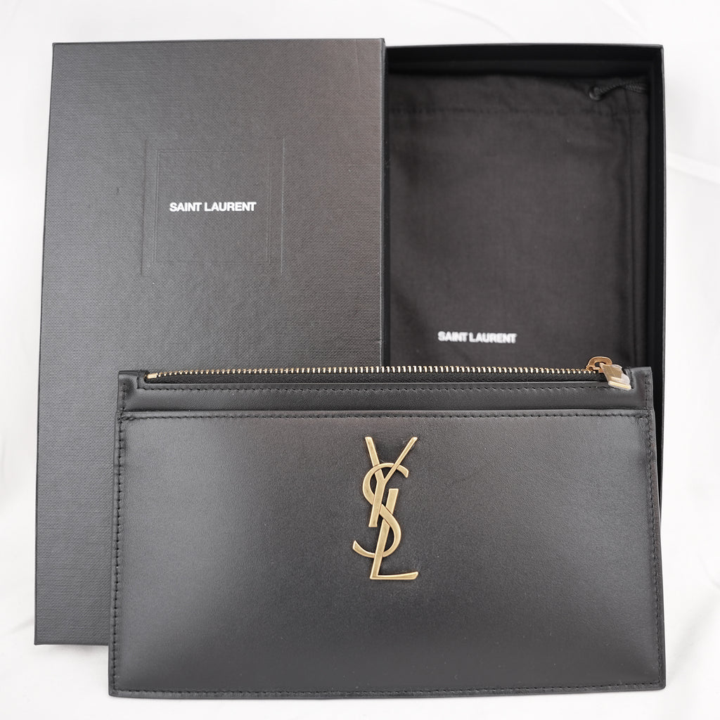 Saint Laurent Monogram Queens Pouch Nera in Pelle con Logo YSL Oro