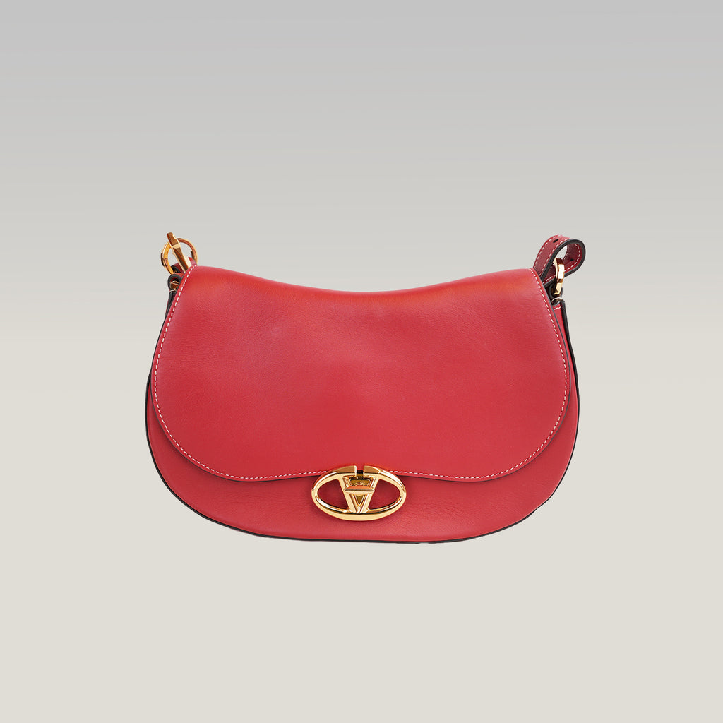 Valentino Garavani Ohval Borsa a Spalla Piccola in Pelle di Vitello Rossa con Logo V Dorato