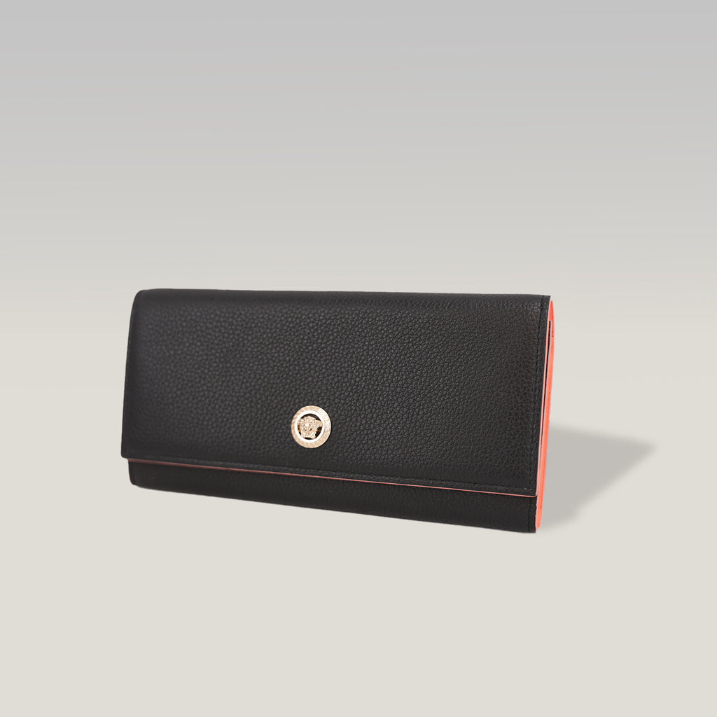 Versace Black Grain Leather Medusa Long Wallet Continental Flap Wallet