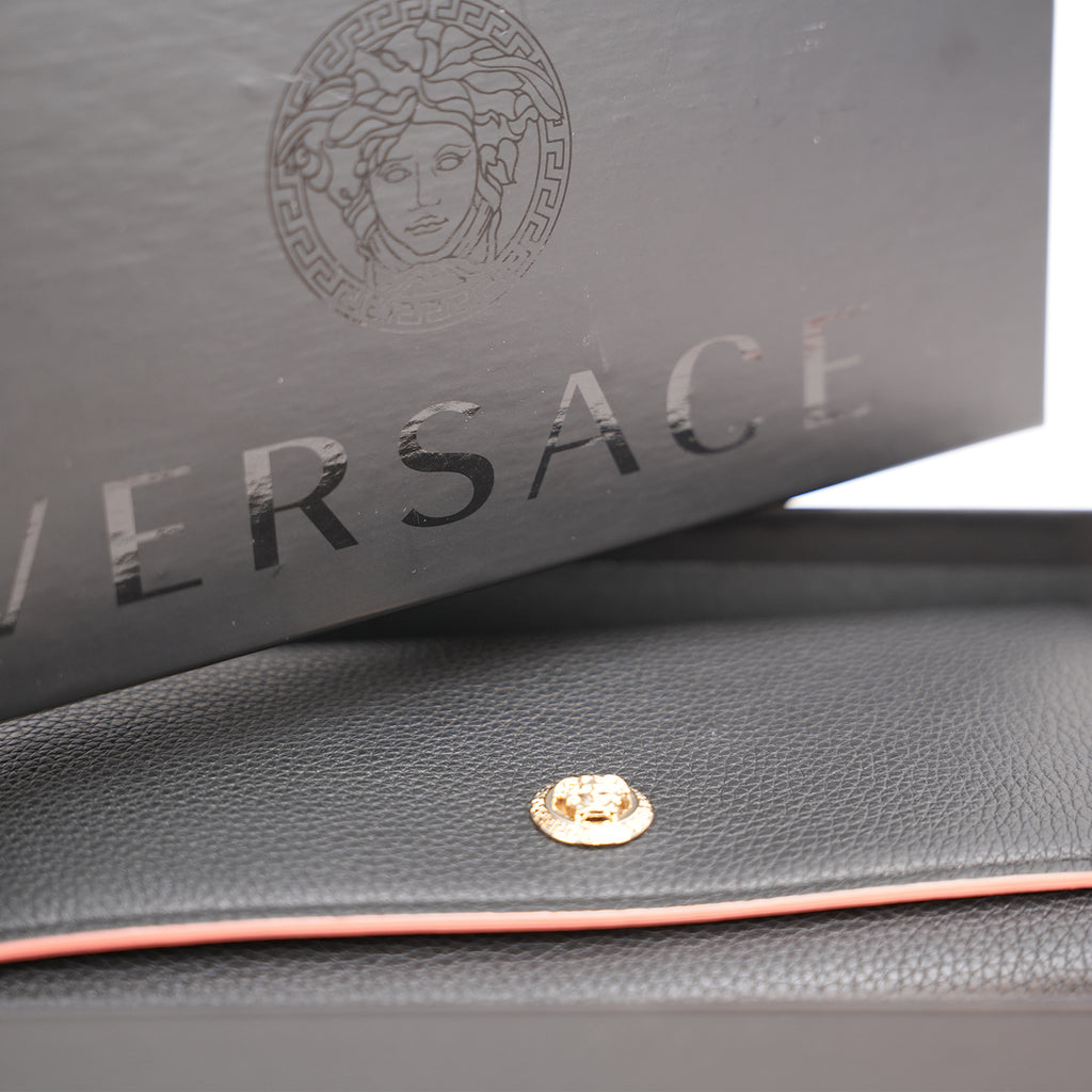 Versace Black Grain Leather Medusa Long Wallet Continental Flap Wallet