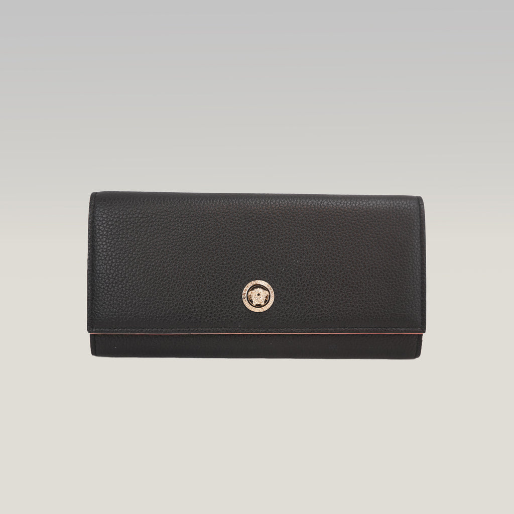 Versace Black Grain Leather Medusa Long Wallet Continental Flap Wallet
