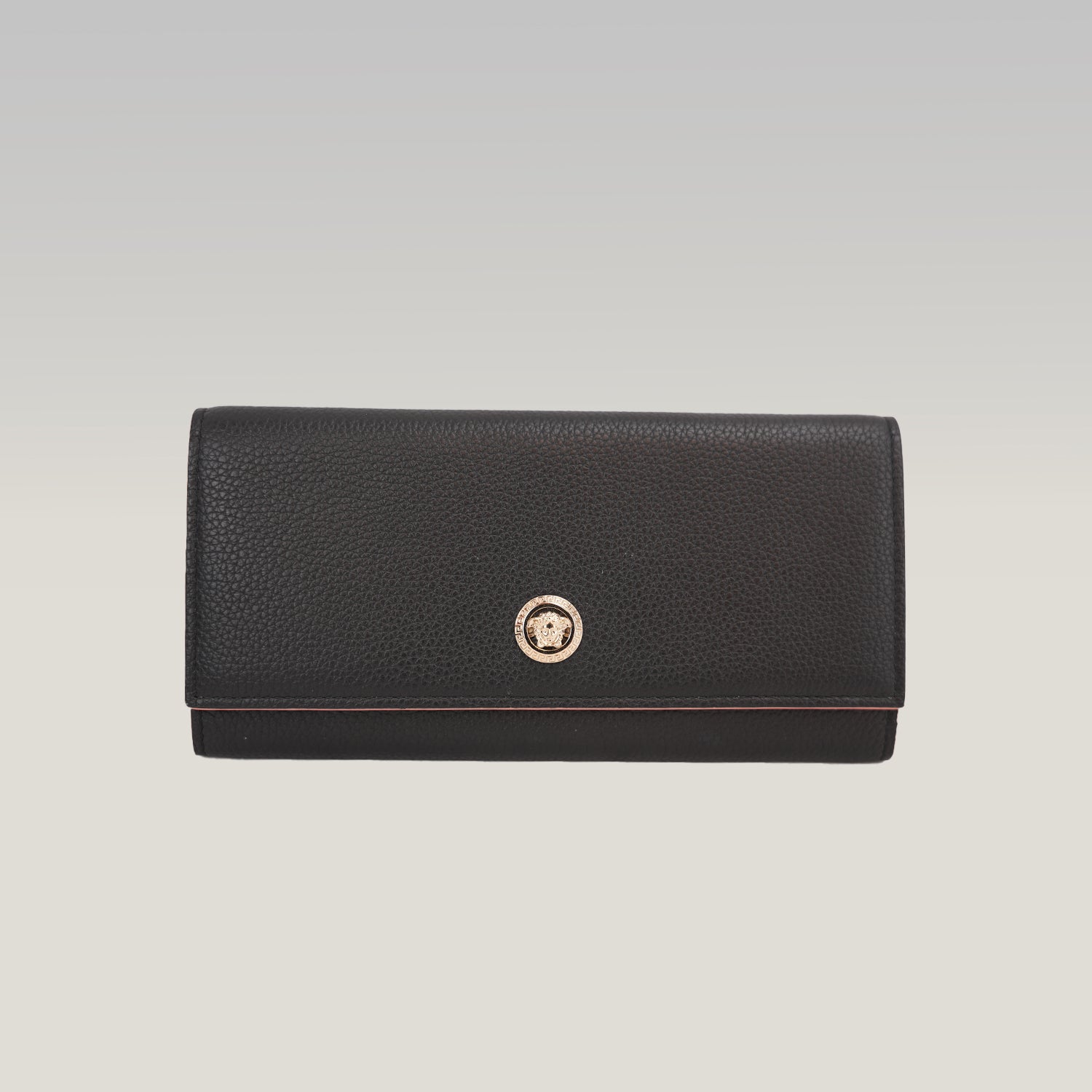 Versace Black Grain Leather Medusa Long Wallet Continental Flap Wallet
