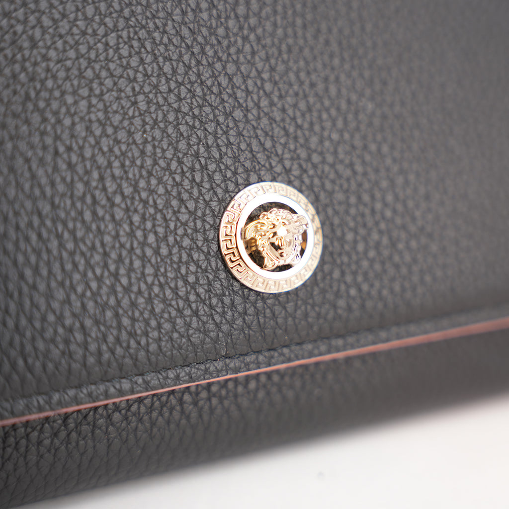 Versace Black Grain Leather Medusa Long Wallet Continental Flap Wallet
